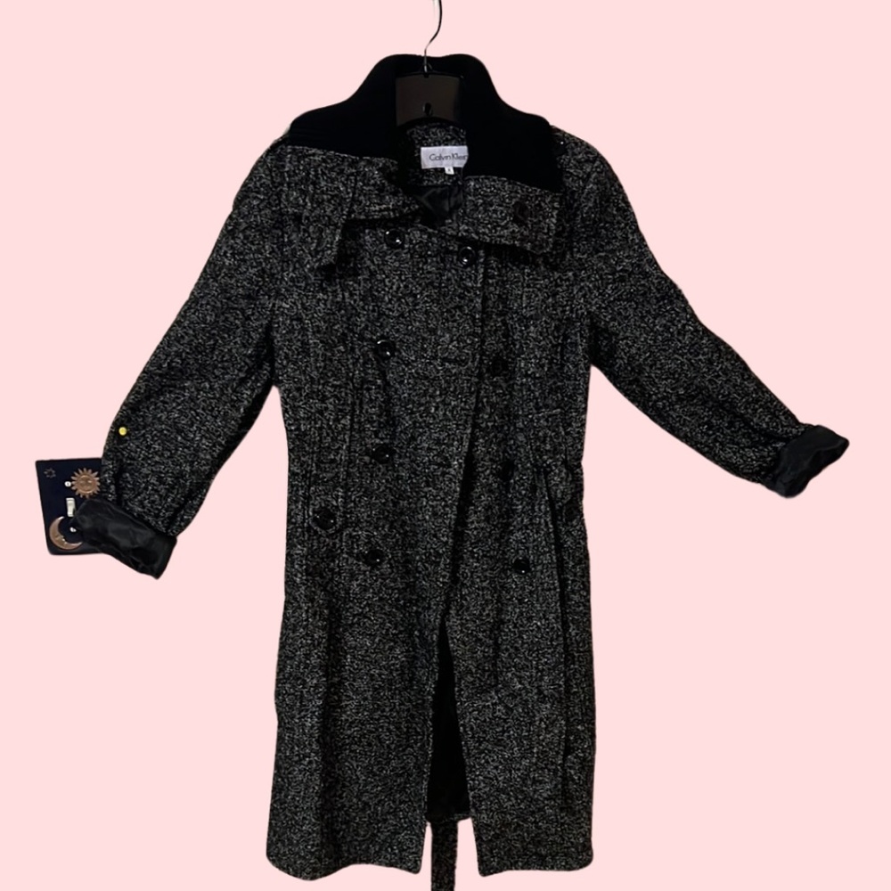 Calvin Klein Black and Gray Trench Coat with Belted Waist